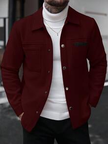 Manfinity CasualCool 男士純色休閒長袖大衣，適合秋冬穿著，灰色鈕扣開襟大衣 - 酒紅色 - 查看 7