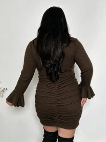 Firerie Dark Brown Plus Size Cinched Waist Ruched Slimming Mini Flared Long Sleeve Skirt/Party Autumn Winter Comfortable High Elastic - Brown - View 5