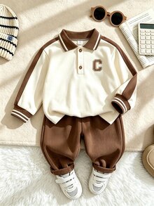 Genkimix Kids 小男孩棕色 2 件套，純色休閒翻領半拉鍊長袖上衣與長褲，適合外出、日常運動、秋季、學校 - 卡其色 - 查看 8