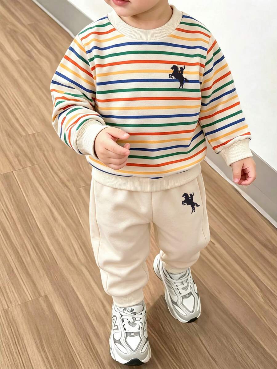 Genkimix Kids 2件組 男童休閒運動大學街頭風彩色條紋圓領衛衣 + 長褲,適合日常穿著、上學、旅行、運動,春秋冬季適用,簡約設計,舒適時尚,實用且適合男童的衣櫥選擇 - 彩色 - 查看 1