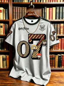 Manfinity HARRY POTTER X SHEIN 男士角色與數字圖案印花T恤，對比色圓領短袖上衣，適合休閒日常穿著、街頭風與校園穿搭 - 彩色 - 查看 6