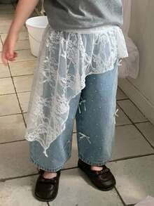 Dazy Kids Young Girl) Lace Design Asymmetrical Skirt With Ruffle Hem, Autumn Skirt - White - View 6