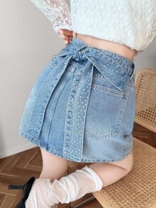 FRIFUL Women's Fashion Versatile Daily Casual Denim Mini Skirt - Blue - View 6