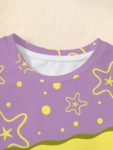 SpongeBob SquarePants | SHEIN 女嬰星星印花圓領短袖休閒T恤 - 白色 - 查看 3