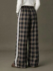 Elnivra Women's Casual Plaid Lace Patchwork Pocket Long Pants - Black - View 4