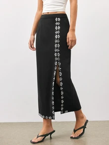 Maija Women's Slit Design Casual Versatile Daily Skirt - Black - View 4