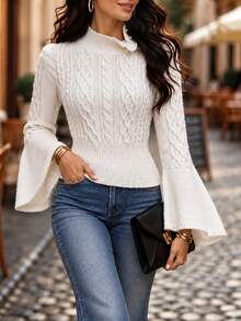 Wandoria Women's Autumn/Winter Vintage Cable Knit Pearl Decor Slim Fit Sweater Top - Beige - View 5