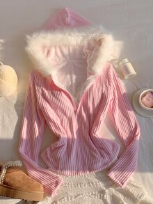 Comfortcana 女款毛絨拼接休閒日常連帽外套 - 粉色 - 查看 1
