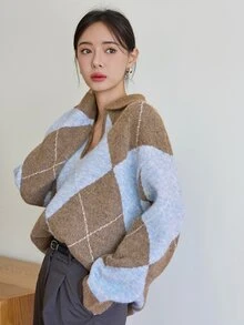 Dazy-Less Women's Diamond Grid Casual Daily Long Sleeve Sweater - Brown - View 6