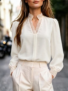 Velvienne Plus Size Women Solid Color Contrast Lace Cutout V-Neck Puff Long Sleeve Elegant Blouse - Apricot - View 3