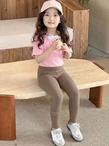 Livesso 女童修身休閒字母印花內層保暖內襯內搭褲，秋冬抓絨內裡 - 駝色 - 查看 6