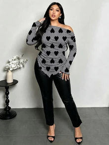 Firerie تي شيرت نسائي مقاس كبير بطبعة قلب وكتف غير متماثل وأكمام طويلة وحافة غير متماثلة بتصميم عصري - متعدد الألوان - مشاهدة 7