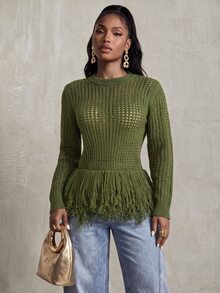 BamGlimmer Crew Neck Hollow Mesh Long Sleeve Knit Top, Niche Design Double Layer Tassel Hem Short Knit Cover-Up - Army Green - View 1