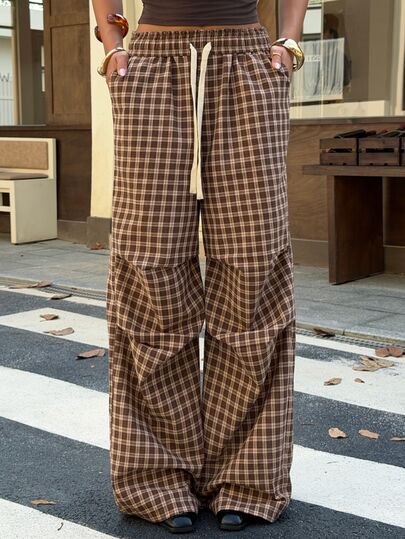 Muchica Women's Rust Brown Plaid Jacquard Parachute Pants, Drawstring Elastic High Waist Wide Leg Trousers For Fall Winter Casual Y2K Streetwear