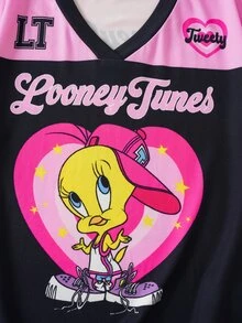 LOONEY TUNES X SHEIN تي شيرت كاجوال يومي بأكمام قصيرة مطبوع عليه حروف و رسوم كرتونية للبنات المراهقات - وردي - مشاهدة 4