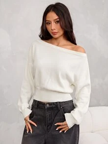 SHEIN PETITE 女款純色不對稱肩休閒性感優雅百搭日常長袖針織衫 夜店聚餐黑色秋季 - 白色 - 查看 6