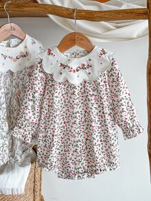 SHEIN 女嬰幼童女款花卉連身衣，甜美優雅白色波浪邊刺繡長袖圓領修身款，春季度假公主風 A 字版型 - 彩色 - 查看 1