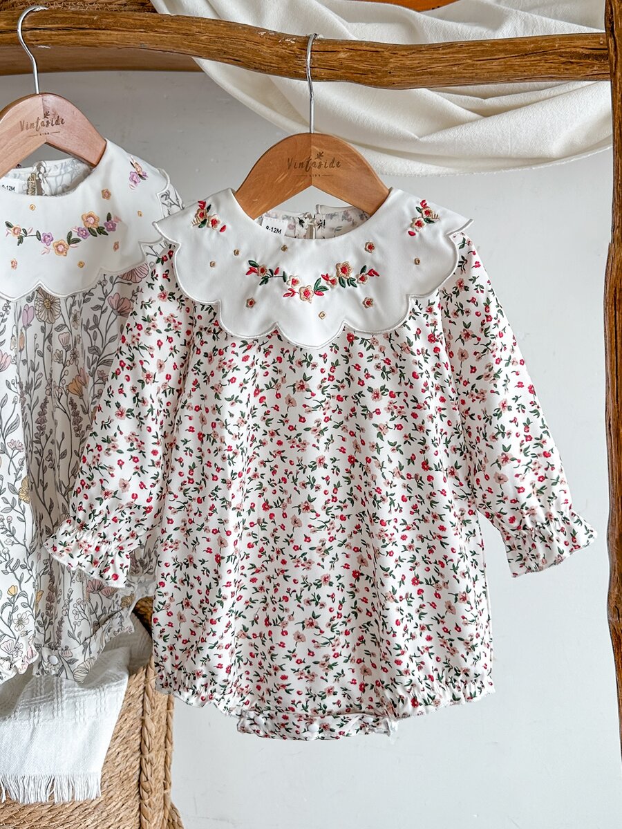 SHEIN 女嬰幼童女款花卉連身衣，甜美優雅白色波浪邊刺繡長袖圓領修身款，春季度假公主風 A 字版型 - 彩色 - 查看 1