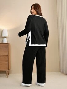 Edennvi Plus Size Women's Autumn Fashion Contrast Trim Round Neck Long Sleeve Knit Top And Pants Casual Elegant Set Fall Homewear Going Out Black And White - Black and White - View 2