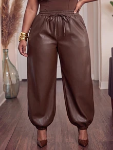 Slaydiva Plus Size Women's Solid Color PU Leather Casual Versatile Long Pants - Brown - View 5