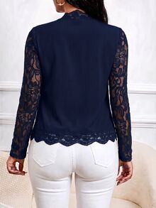 SHEIN Lady 女款素色對比蕾絲長袖開襟優雅輕便夾克 - 藏蓝色 - 查看 2