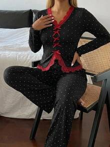 Dazy Plus Plus Size Women Polka Dot Lace Patchwork Top And Pants Casual Daily Home Sleepwear Set - Black - View 4