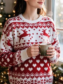 EMERY ROSE Women's All-Over Print Casual Versatile Daily Long Sleeve Sweater - Red - View 3