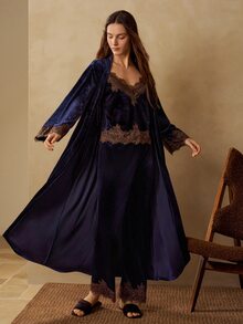 MOTF PREMIUM WOMEN'S LACE PATCHWORK CAMISOLE TOP, PANTS AND ROBE CASUAL HOME SLEEPWEAR SET - Blue - View 6