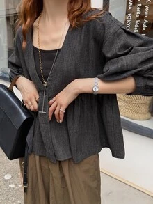 FRIFUL Women's Solid Color Drop Shoulder Long Sleeve Single Button Casual Shirt - Grey - View 6