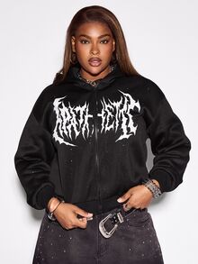 ROMWE Street Life Plus Size Women's Sequin Effect Street Letter Zip-Up Sweatshirt - Black - View 3