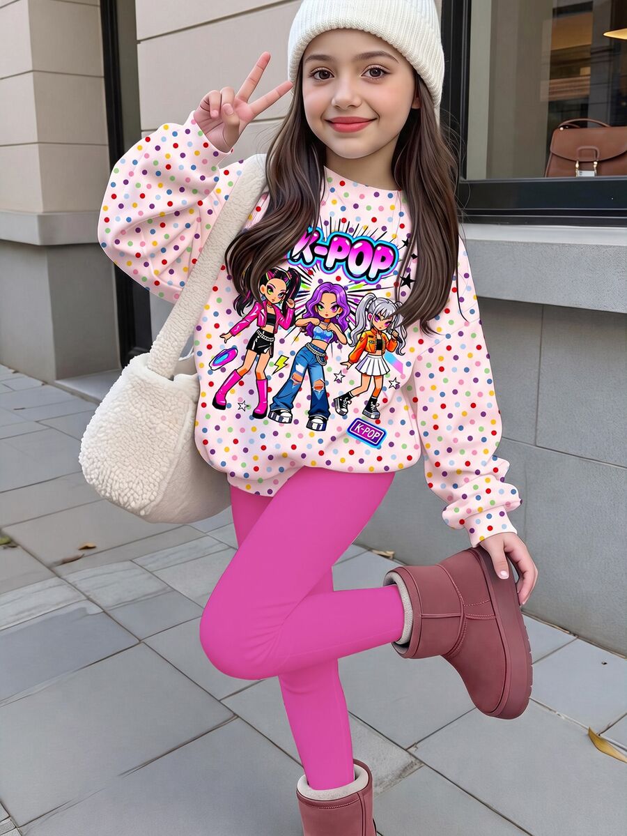 兒童小女孩可愛卡通女孩印花,彩色波點圓領長袖運動衫與內搭褲套裝 - 彩色 - 查看 1