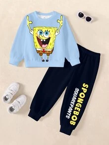 SpongeBob SquarePants | SHEIN Young Boy Cartoon Pattern Long Sleeve Sweatshirt And Sweatpants Casual Daily Outfit - White - View 1
