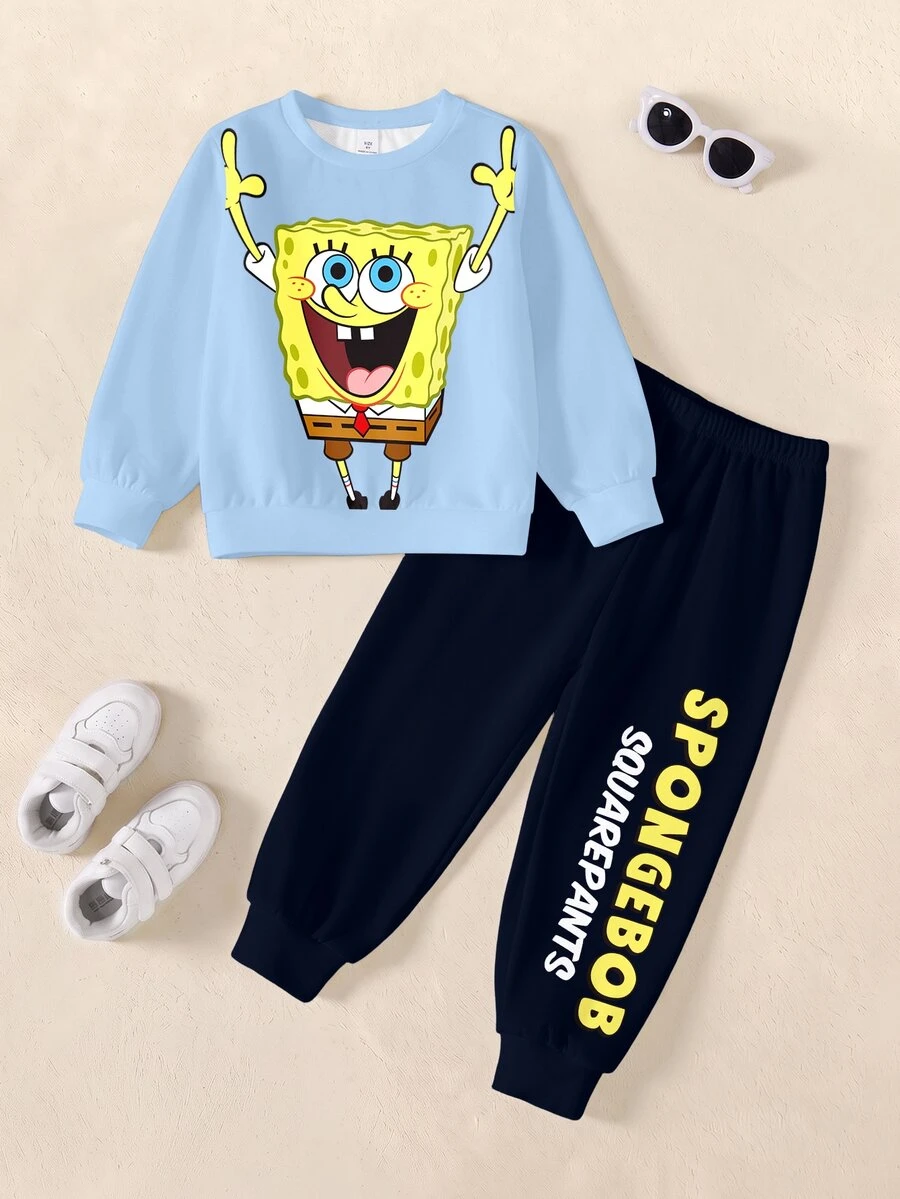 SpongeBob SquarePants | SHEIN Young Boy Cartoon Pattern Long Sleeve Sweatshirt And Sweatpants Casual Daily Outfit - White - View 1