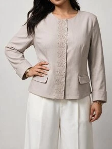 Hourglow Plus Size Women's Embroidered Blazer Jacket Collarless Long Sleeve Cropped Elegant Outerwear Flattering For Hourglass Shape - Khaki - View 3