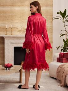 Moireta Women's Glossy Embossed Satin Feather Long Robe - Burgundy - View 2