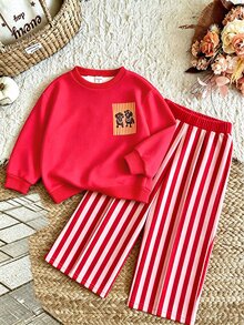SHEIN Playful Pals 女嬰 2 件套秋季套裝 卡通狗狗印花圓領衛衣與條紋長褲 可愛休閒嬰兒裝 - 彩色 - 查看 5