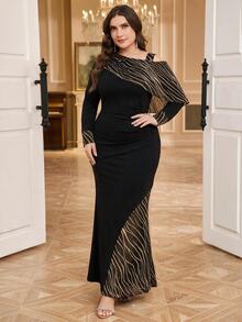 Reflora Plus Size Women's Colorblock Cold Shoulder Casual Party Dress - Black - View 4