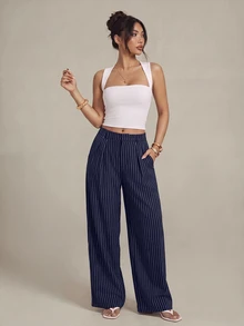 SHEIN PETITE 女款極簡現代海軍藍條紋西裝長褲，高腰寬褲，藍色條紋長褲，大廓形寬腿長褲，休閒長褲，商務長褲，適合休閒外出、商務、辦公、通勤、正式場合，條紋長褲，海軍藍長褲，女款闊腿長褲，百褶長褲 - 寶藍色 - 查看 8