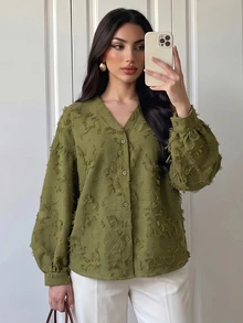 Breezaya Women's V-Neck Casual Versatile Long Sleeve Shirt For Daily Wear - Green - View 4