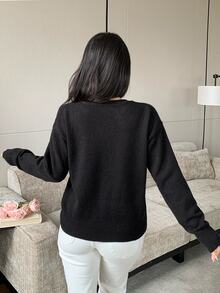 Modelyn Women's Applique Decor Round Neck Dropped Shoulder Long Sleeve Elegant Sweater - Black - View 2