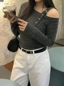 Dazy Plus Korean Style Slouchy Vibe Women's Spring/Autumn Niche Design Loose Striped Long Sleeve T-Shirt - Dark Grey - View 3