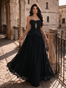 Coutiva Women's Lace Patchwork Pleated Elegant Waist-Cinching Evening Dress - Black - View 2