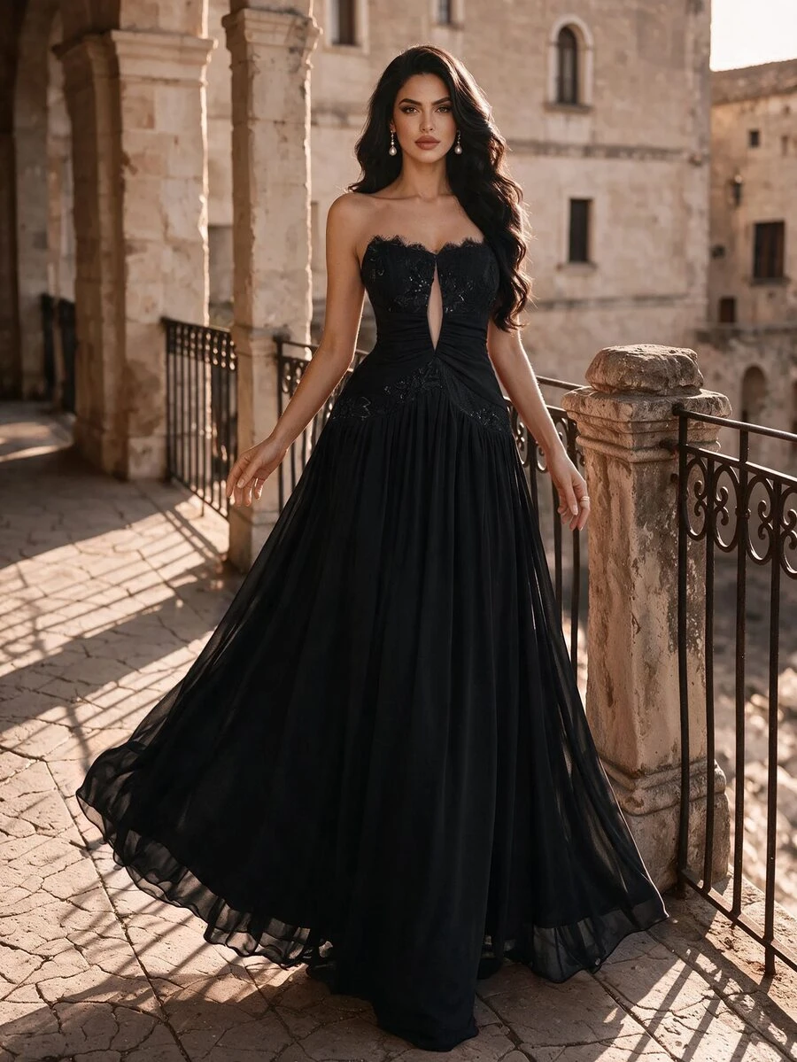 Coutiva Women's Lace Patchwork Pleated Elegant Waist-Cinching Evening Dress