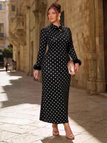 Cravure Plus Size Women's Autumn/Winter New Milk Silk Black Base Polka Dot Print Stand Collar Long Sleeve Feather Cuff Button Front Slit Long Mermaid Tail New Chinese Style Vintage Banquet Elegant Fashion Dress - Multicolor - View 5