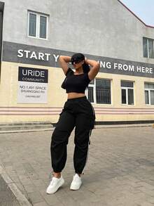 POPSWAY Plus Size Casual Solid Color Multi-Pocket Drawstring Cargo Pants Fall Cloth For Women - Black - View 6