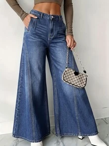 SHEIN MOD 大尺碼女款休閒日常牛仔褲，附口袋與鈕扣設計 - 藍色 - 查看 2