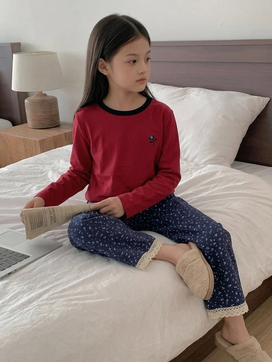 DAZY Tween女孩秋季圓領針織印花短袖T恤+格紋睡褲居家休閒套裝 - 紅色 - 查看 1