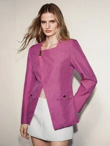 Aveloria Modichic Women's Blazer Straight Two-Tone Woven Overlap Square Neck Metal Button Shoulder Pads Modern Hot Pink Solid Women's Jacket Autumn Outfit Christmas - Pink - View 6