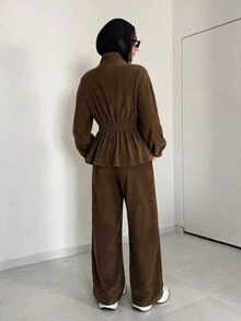 Solavon Women's Solid Color Long Sleeve Zip-Up Jacket And Pants Casual 2 Pieces Set - Brown - View 2