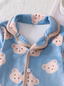 2pcs Baby Boy Soft Plush Turn-Down Collar Open Front Trim Design Long Sleeve Long Pants Pajama Set - Dusty Blue - View 8